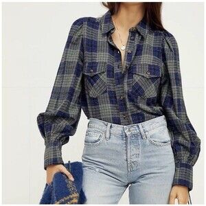 We the Free People Sun City Plaid Shirt S Blue Flannel Oversized Balloon Sleeve